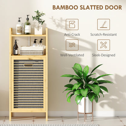 Bamboo Laundry Cabinet with Slatted Door, Bathroom Cabinet with Tilt-Out Hamper and Removable Liner Bag, 40 x 30D x 95 cm, Natural Wood Finish