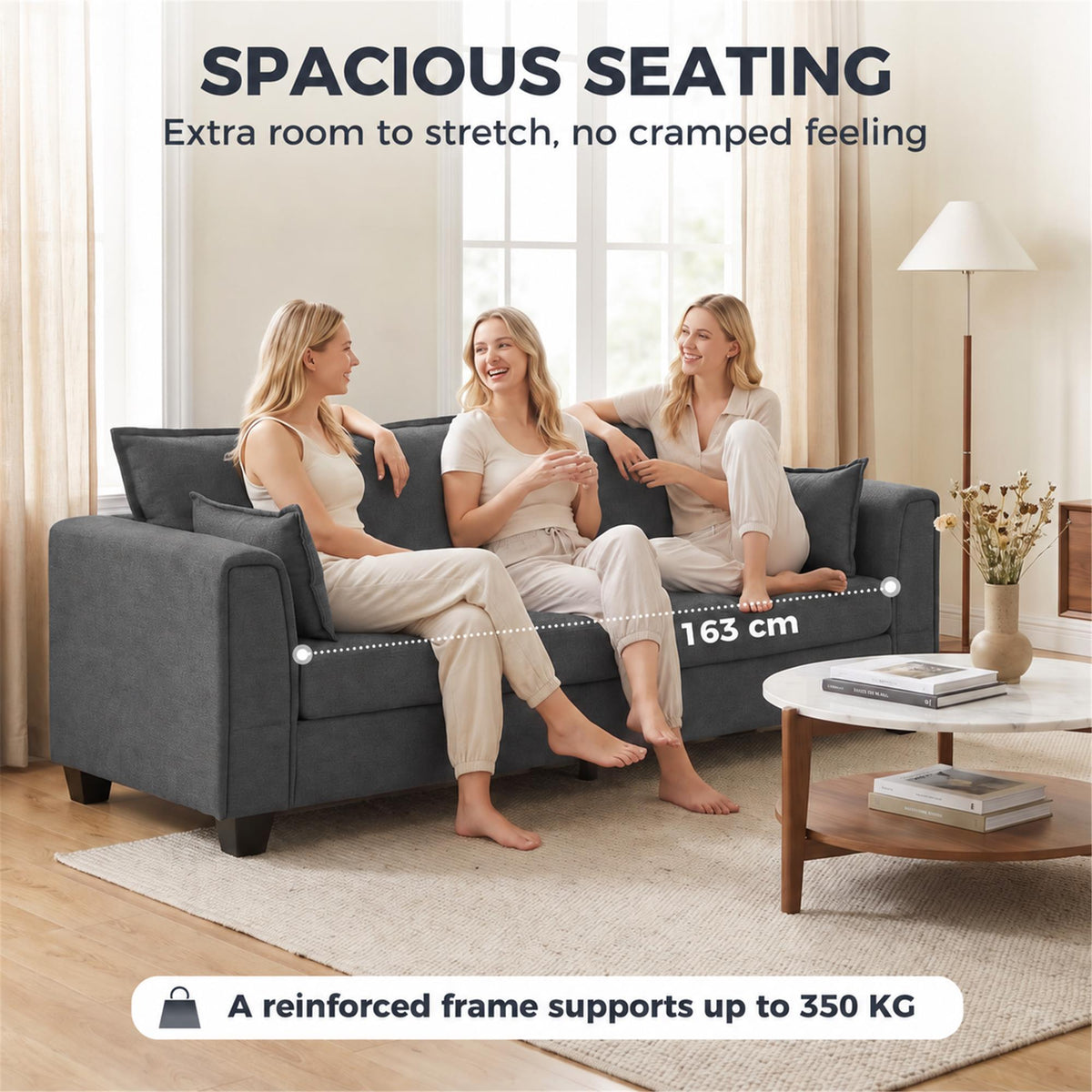 3 Seater Sofa | 200cm Linen-Look Polyester Couch | Pocket-Spring Seats, Padded Arms & 2 Cushions | Dark Grey or Dark Blue