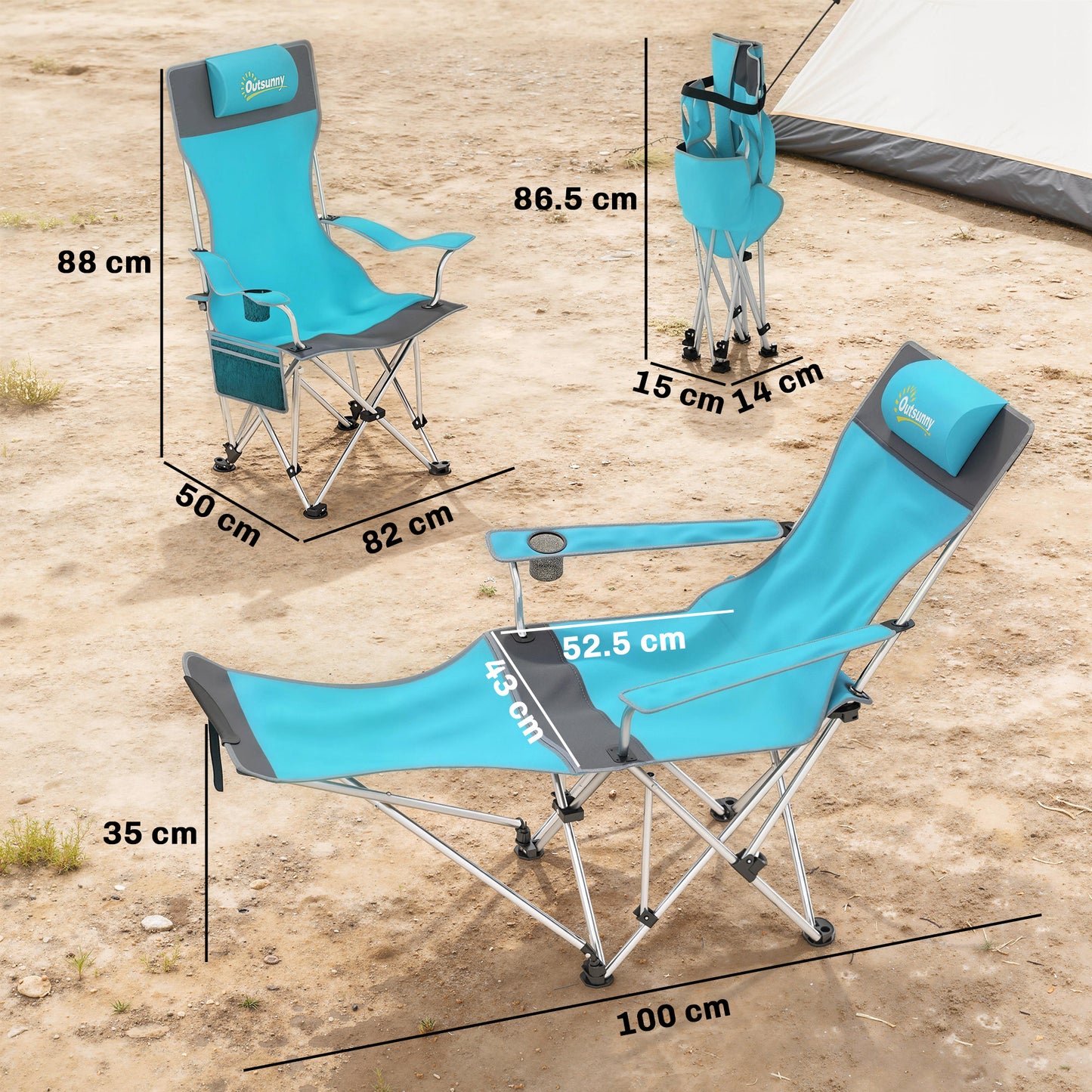 Outsunny Set of 2 Reclining Folding Camping Chairs – Detachable Footrest, Padded Headrest, Cup Holder, 600D Oxford, 120kg, Carry Bag – Blue & Grey