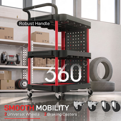 3-Tier Rolling Tool Cart | Mobile Workshop Trolley with Pegboard, 8 Hooks & 2 Brakes | 130 kg Capacity | Black & Red