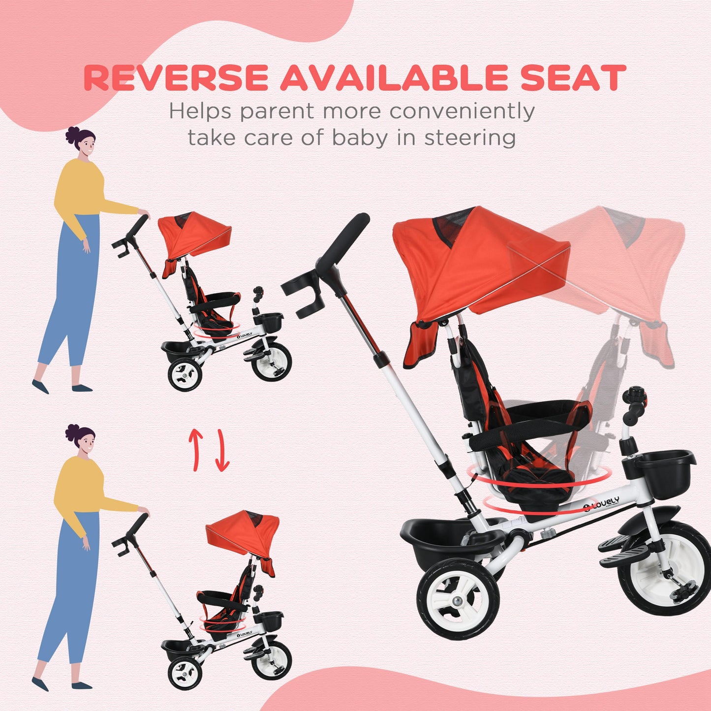 HOMCOM Metal Frame 4 in 1 Baby Push Tricycle with Parent Handle for 1-5 Years Old, Red