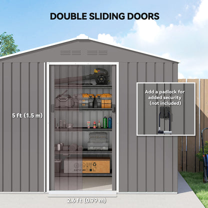 Large Galvanised Steel Garden Storage Shed | Double Sliding Door | 4 Ventilation Slots | Sloped Roof | 20kg/m² Snow Load | 236x171x191cm | Bikes Scooters Tools & Bins | Light Grey