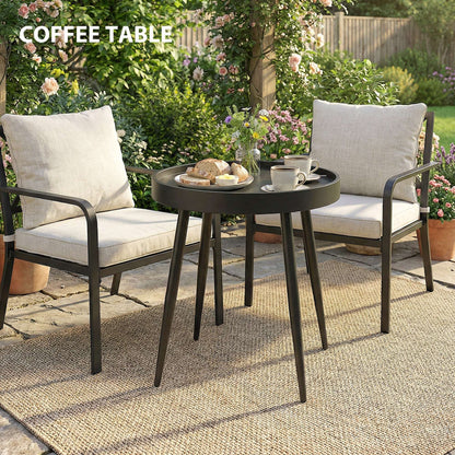 Round Garden Coffee & Side Table | 49.5cm | Tray-Style Weather-Resistant PP Top | Powder-Coated Metal Legs | Adjustable Foot Pads | 30kg Capacity | UV Resistant | Indoor & Outdoor | Black