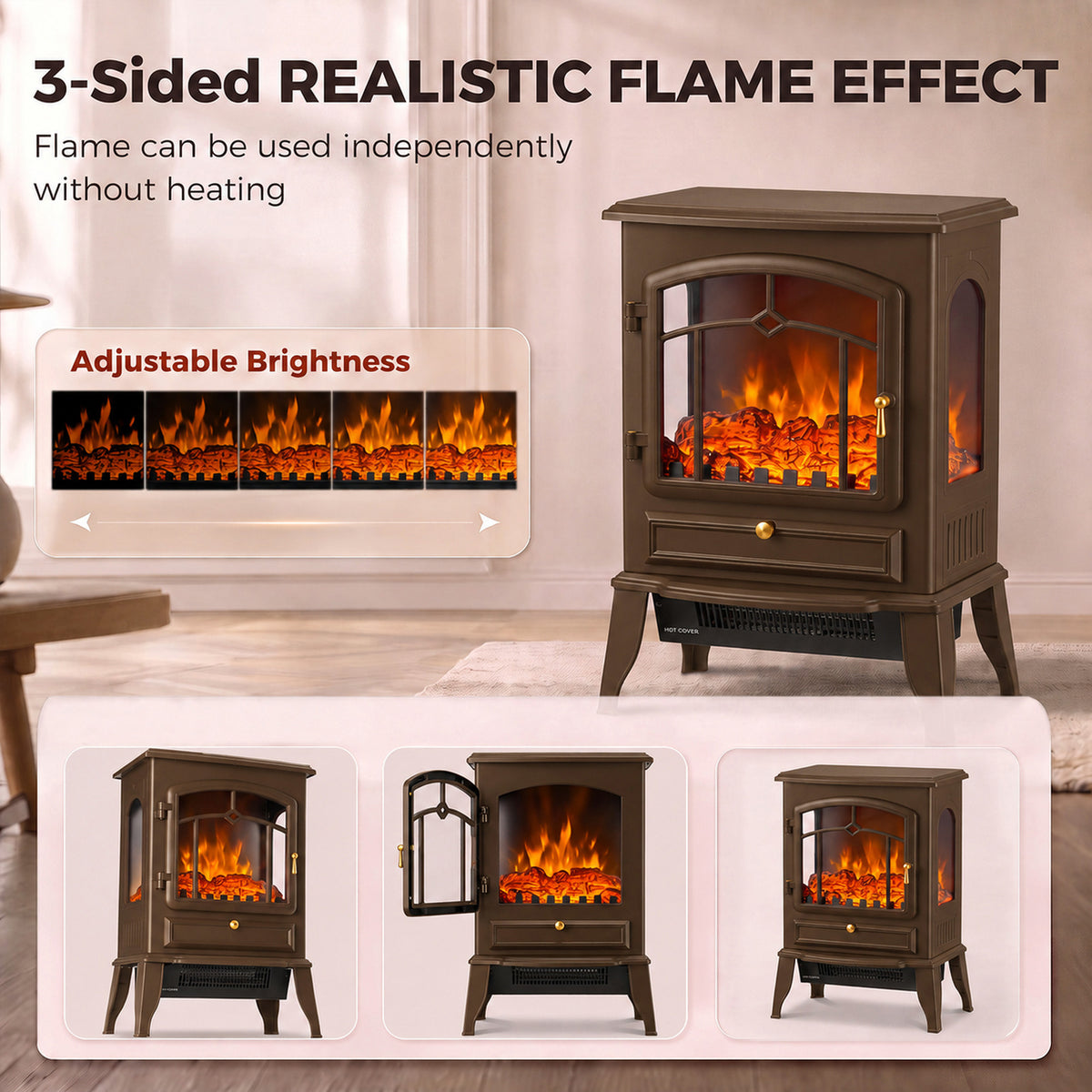 3-Sided Electric Fireplace Stove Heater | 1000/2000W Freestanding 3D Flame Effect with 10-35°C Thermostat | 15-30 m² | Brown, Grey or Black