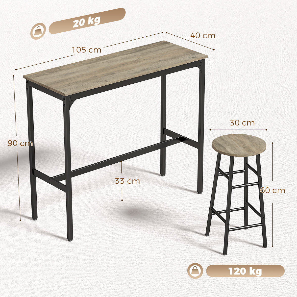 5-Piece Industrial Bar Table & Stool Set | Grey Wood Effect MDF Tops | Powder-Coated Steel Frames | Table 105x40x90cm | 4x Stools Dia30x60cm | 120kg Stool 100kg Table | Adjustable Feet | Grey / Black