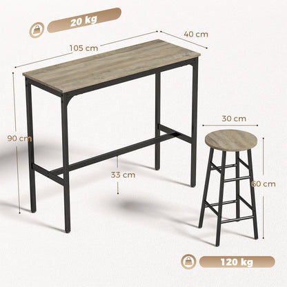 5-Piece Industrial Bar Table & Stool Set | Grey Wood Effect MDF Tops | Powder-Coated Steel Frames | Table 105x40x90cm | 4x Stools Dia30x60cm | 120kg Stool 100kg Table | Adjustable Feet | Grey / Black