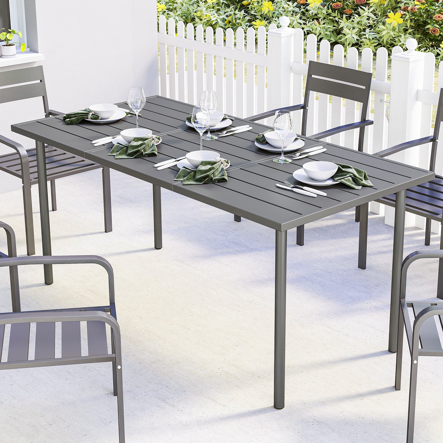 6-Seater Rectangular Garden Dining Table | Slatted Metal Top | Quick Drain | Powder-Coated Steel Frame | Foot Pads | 70kg Capacity | 165x80x74cm | Dark Grey