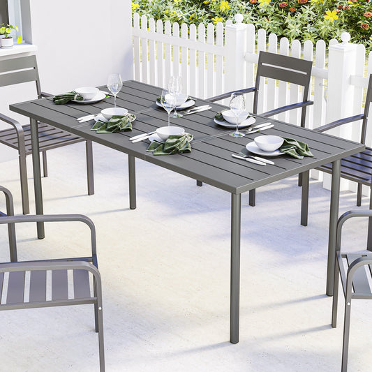 6-Seater Rectangular Garden Dining Table | Slatted Metal Top | Quick Drain | Powder-Coated Steel Frame | Foot Pads | 70kg Capacity | 165x80x74cm | Dark Grey