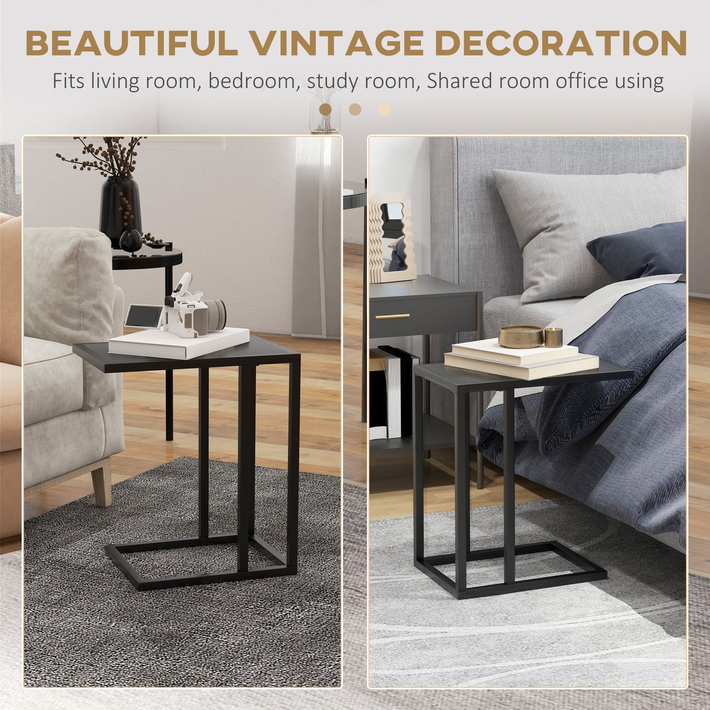 C Shape Bedside Table With Metal Frame Wood-Effect Top Sofa Narrow Snack End Table for Living Room, Black