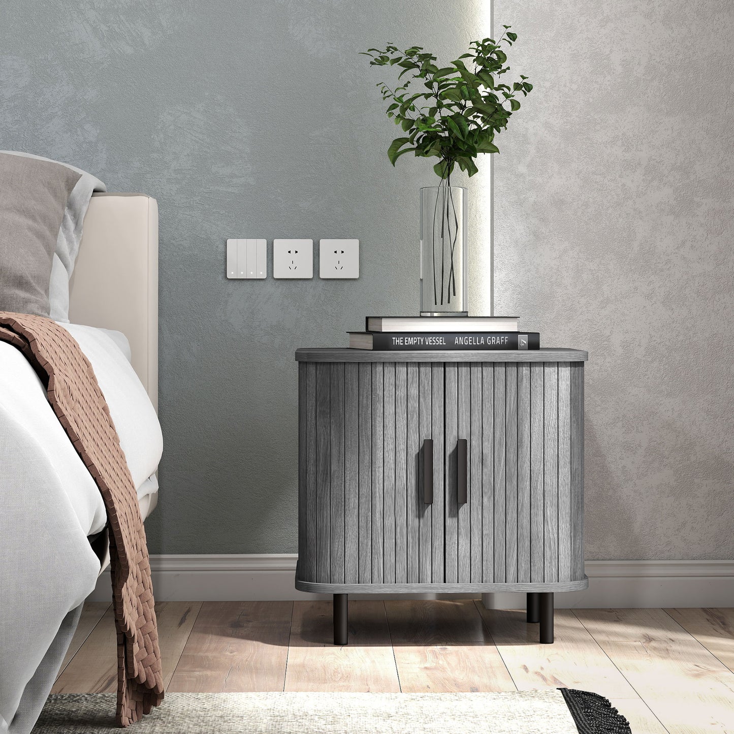 Nordic Bedside Table | Roller Shutter Sliding Doors | 2-Tier Storage | Melamine Surface | Steel Legs | 90kg | 48x40x48cm | Grey