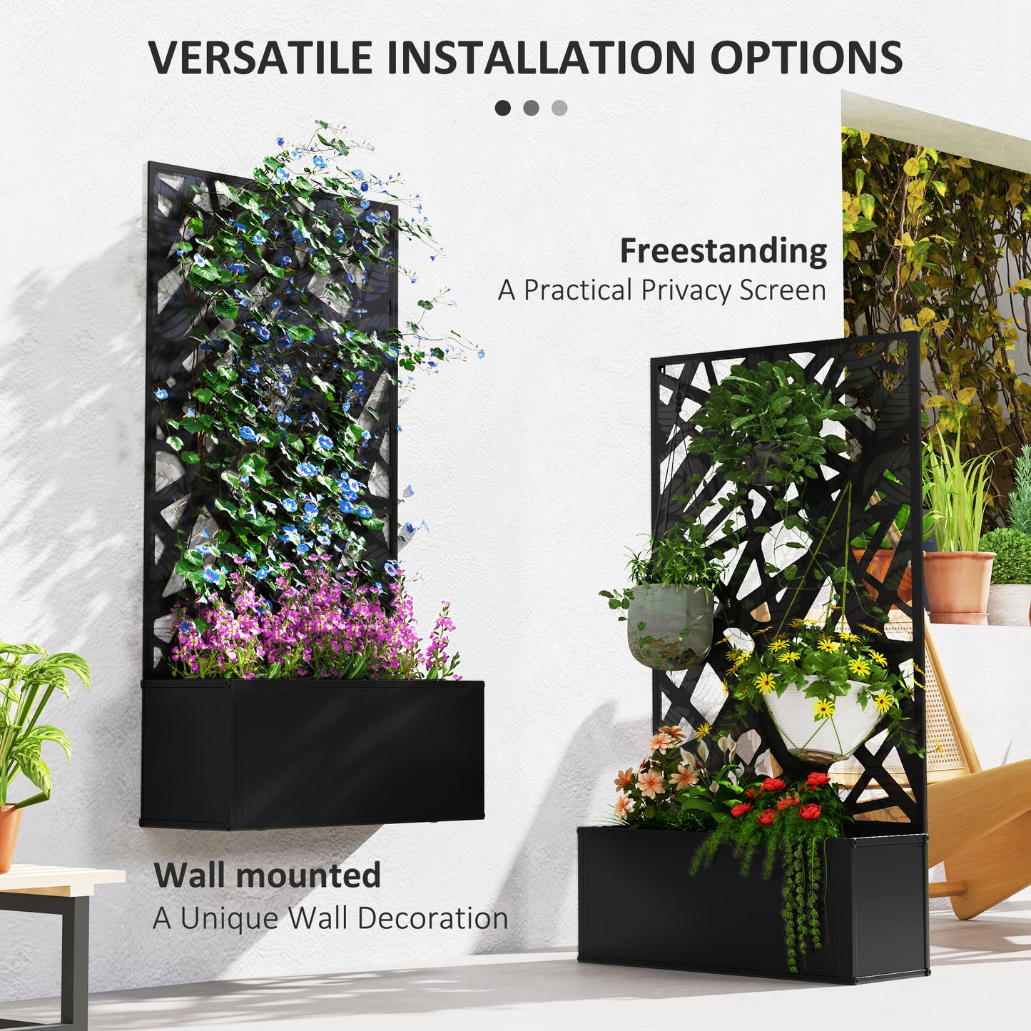 Outdoor Metal Planter, with Back Trellis - Black