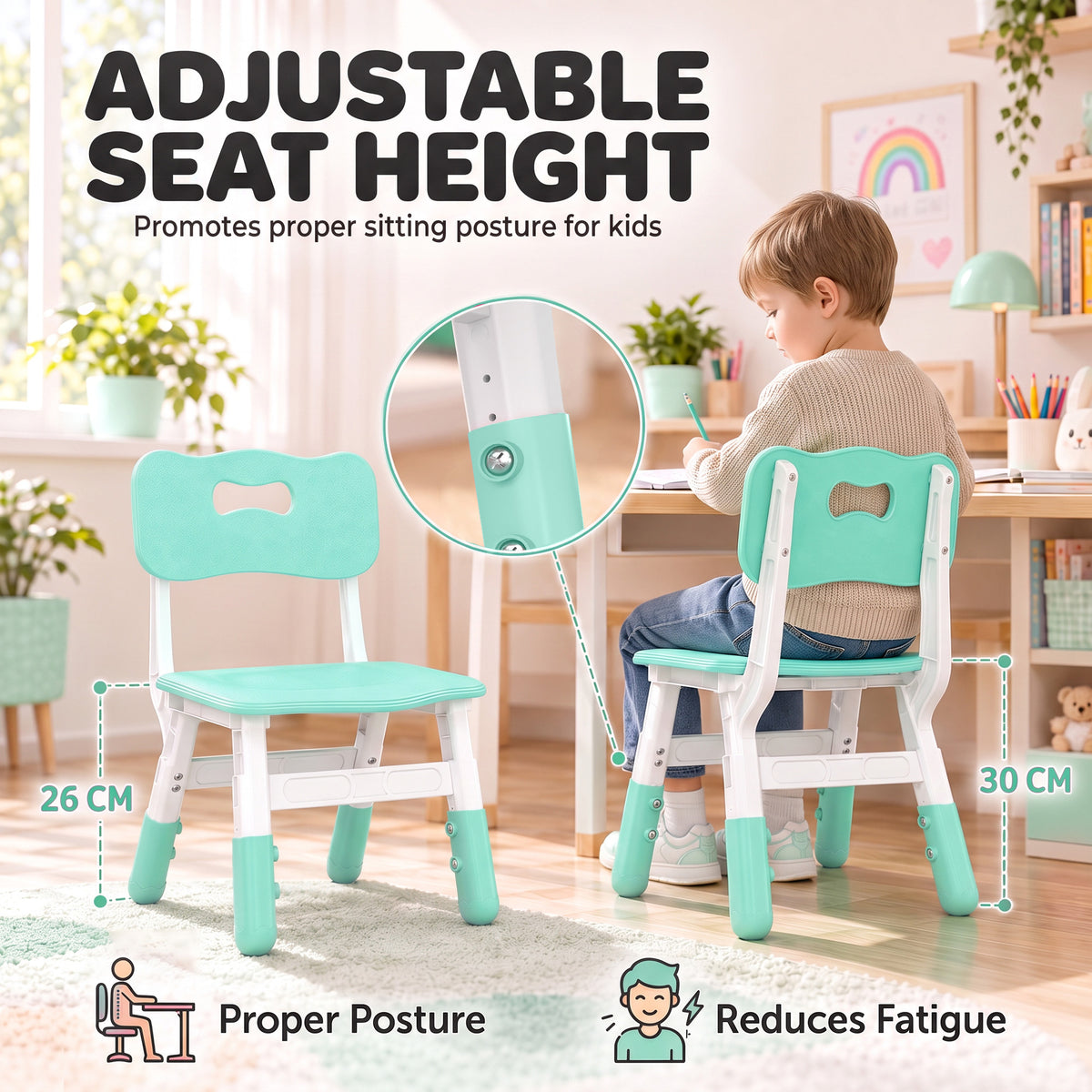 AIYAPLAY Kids Desk Chairs Set of 2 | Green & White | 3-Level Adjustable Seat Height 26–30cm | Backrests & PP Construction | Ages 18 Months–8 Years