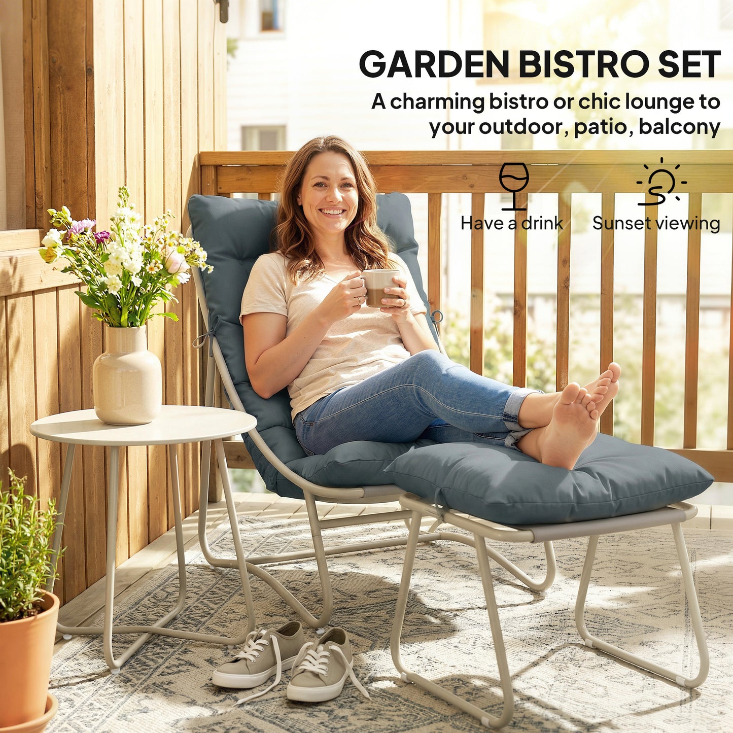 3 Piece Garden Bistro Set | Chair, Footstool & Table | Teslin Mesh Seat | Removable Cushions | Steel Frame | All Season | Dark Grey