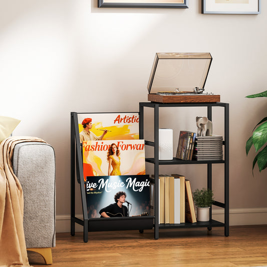 3-Tier Record Player Stand, End Table for Living Room, Bedroom - Black Wood Effect / Rustic Brown