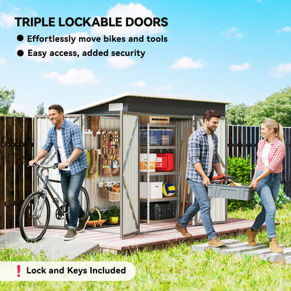 Galvanised Steel Garden Storage Shed | Triple Lockable Access | Double Front Doors & Side Door | Powder-Coated | Ventilation Slots | Sloped Roof | 25kg/m² Snow Load | 234x132x185cm | 2.68m² | Light Grey