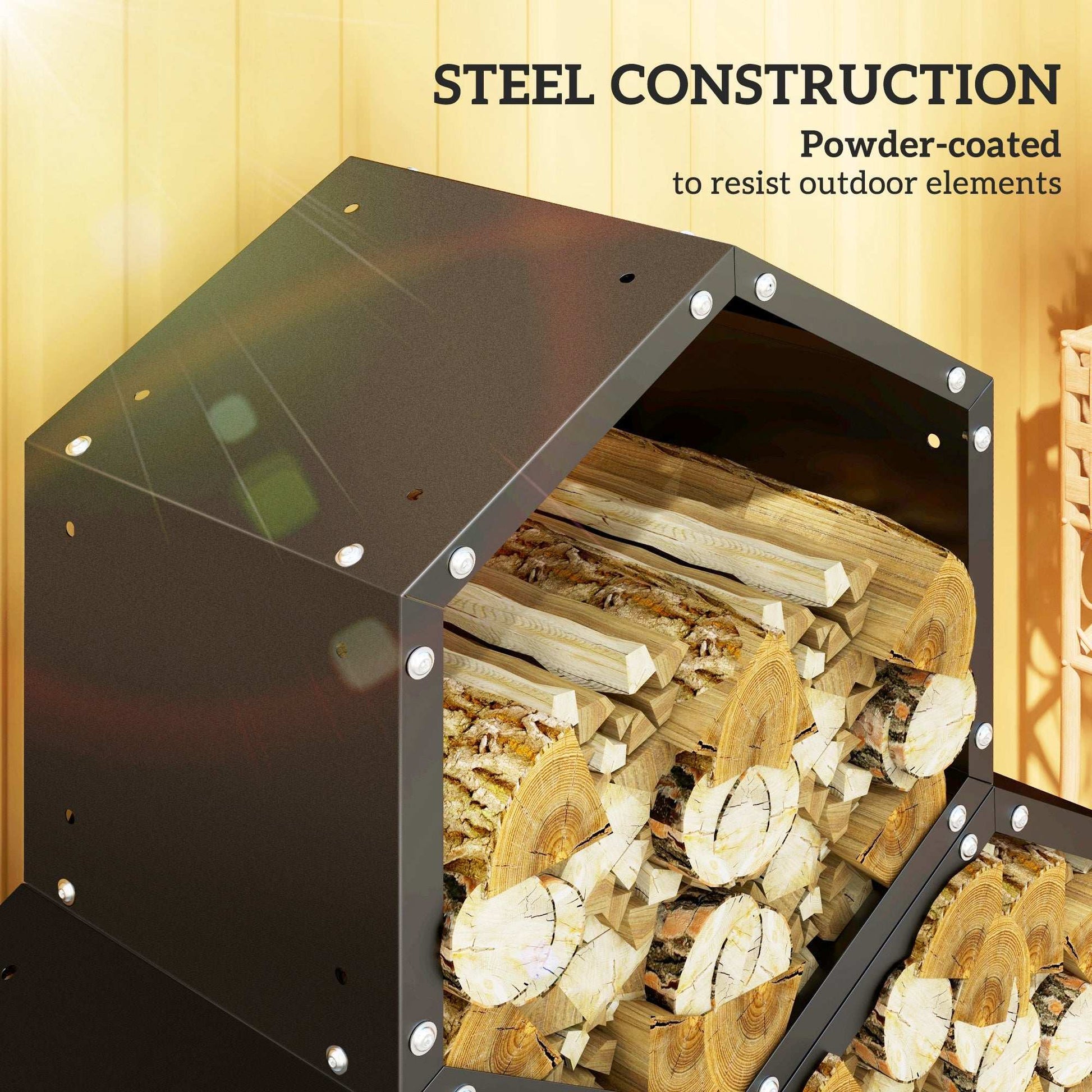 Outsunny Fireplace Log Rack, Steel Firewood Log Holder, 3 Hexagon Boxes, Indoor Outdoor Wood Storage Shelf, 113 x 37 x 113cm, Black