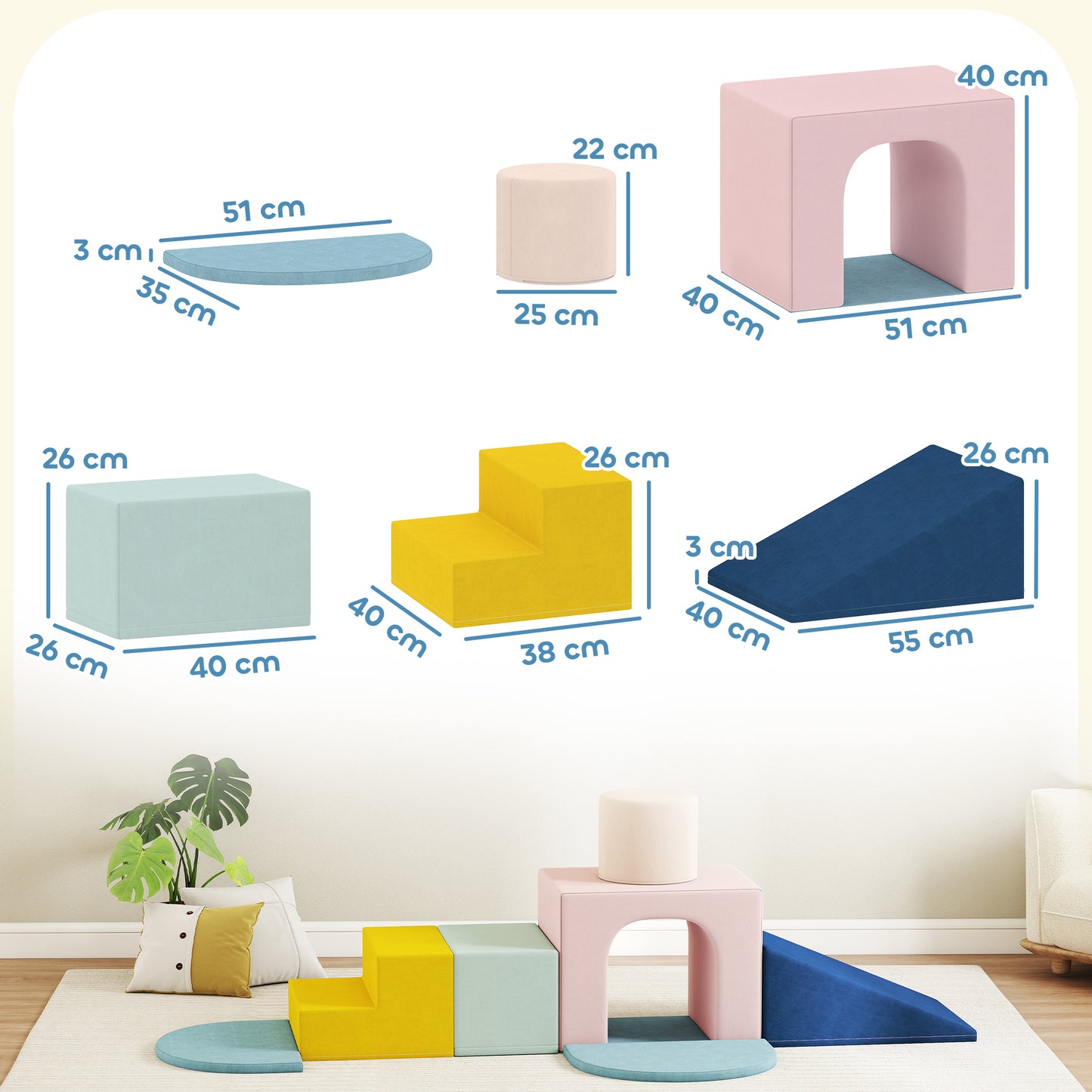 Kids 8-Piece Soft Play Foam Block Set | Climb Crawl & Build | Washable Velvet Covers | Hidden Zippers | Indoor Toddler Gym | Ages 6-36 Months | Multicolour