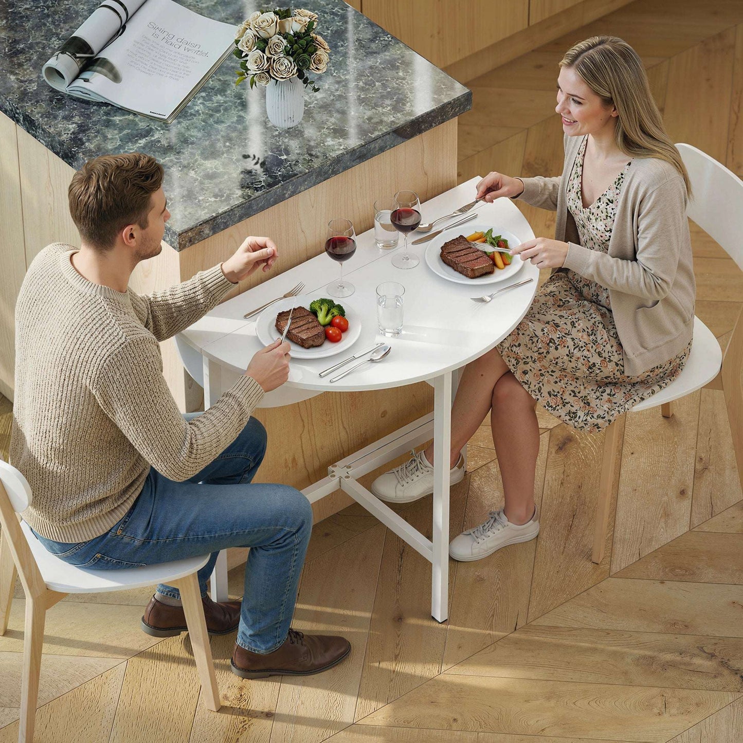 Drop Leaf Folding Dining Table | Round Top | 3 Modes | Folds to 11.5cm | Melamine Waterproof Top | Steel Frame | 30kg | White