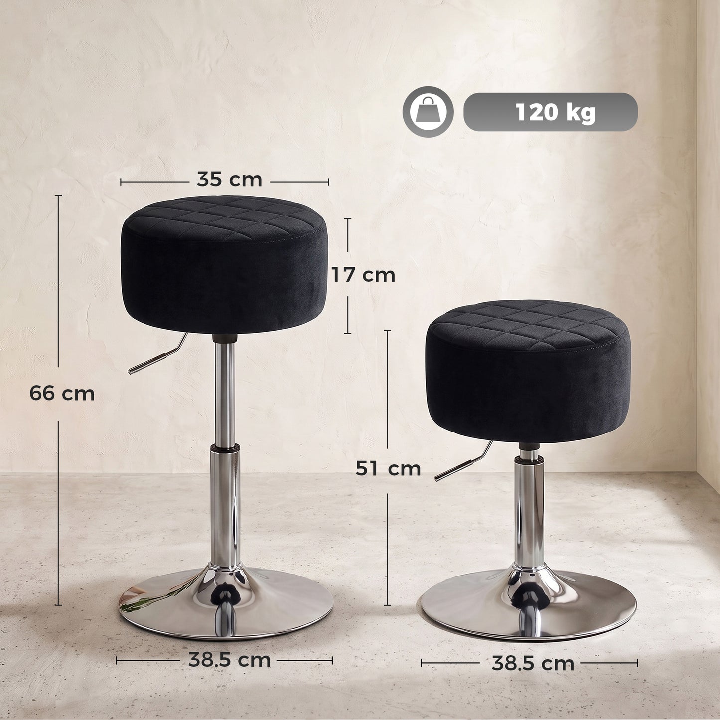 Adjustable Swivel Bar Stool | Velvet-Feel Seat | 17cm Cushion | Gas Lift 51–66cm | 360° Swivel | 120kg | Black / Grey