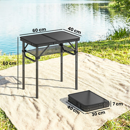 Folding Camping Table 2ft – 4 Adjustable Heights, Mesh Storage Layer, Aluminium Frame, Folds to 40x30x7cm, 30kg Capacity, Tool-Free Setup – Black