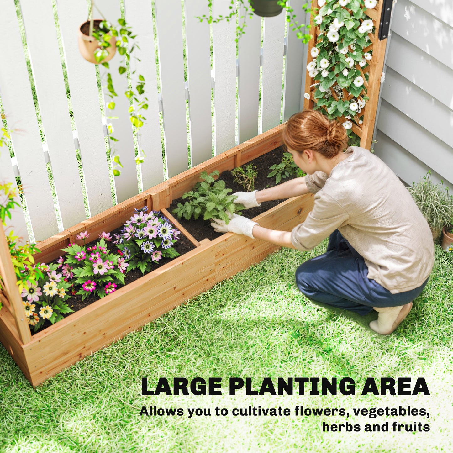 Fir Wood Garden Raised Bed with Double Trellis & Hanging Rails | 171x39cm Planting Bed | 4 Drainage Holes | 10kg Trellis Capacity | 196x44x181cm | Natural Wood Finish