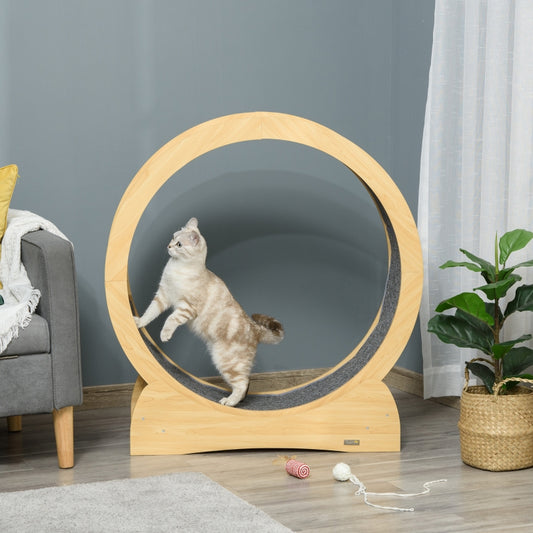 PawHut Cat Treadmill, Wooden Cat Exercise Wheel with Carpeted Runway, Cat Running Wheel with Brake, for Exercise - Natural Wood Finish