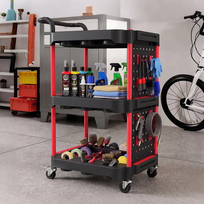 3-Tier Rolling Tool Cart | Mobile Workshop Trolley with Pegboard, 8 Hooks & 2 Brakes | 130 kg Capacity | Black & Red