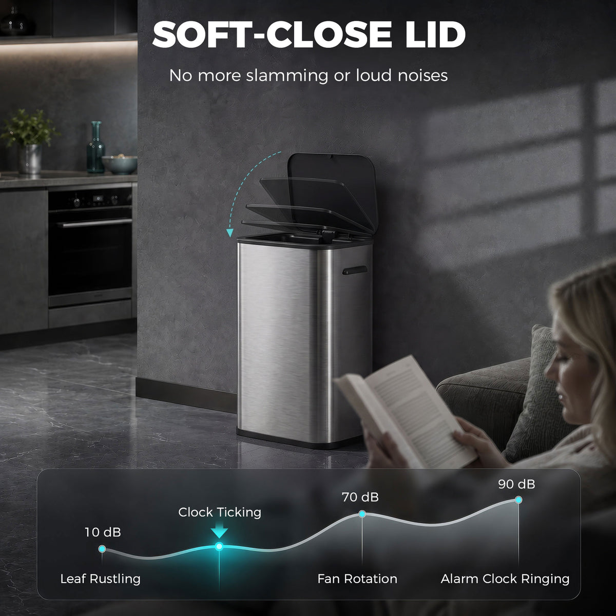 55L Touchless Sensor Bin | Automatic Motion-Activated Kitchen Waste Bin | Soft-Close Lid | Stainless Steel | Silver