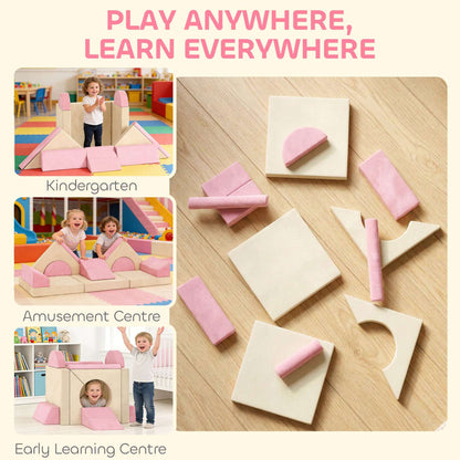 AIYAPLAY Kids Play Sofa, 12 Pieces Foam Modular Soft Play Set for Playroom, Children Convertible Sofa for Boys and Girls, Pink
