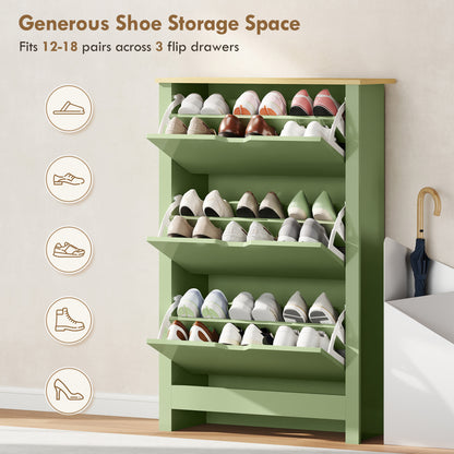 Slim Shoe Cabinet, Narrow Shoe Cupboard with 3 Flip Drawers, Adjustable Shelves for 18 Pairs of Shoes, High Gloss