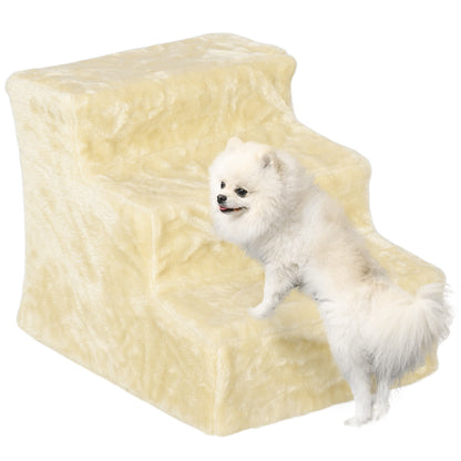 PawHut Three-Step Dog Stairs Steps  with Washable Plush Cover, for High Bed Sofa, Dog Stairs for Small Dog and Cat - Beige