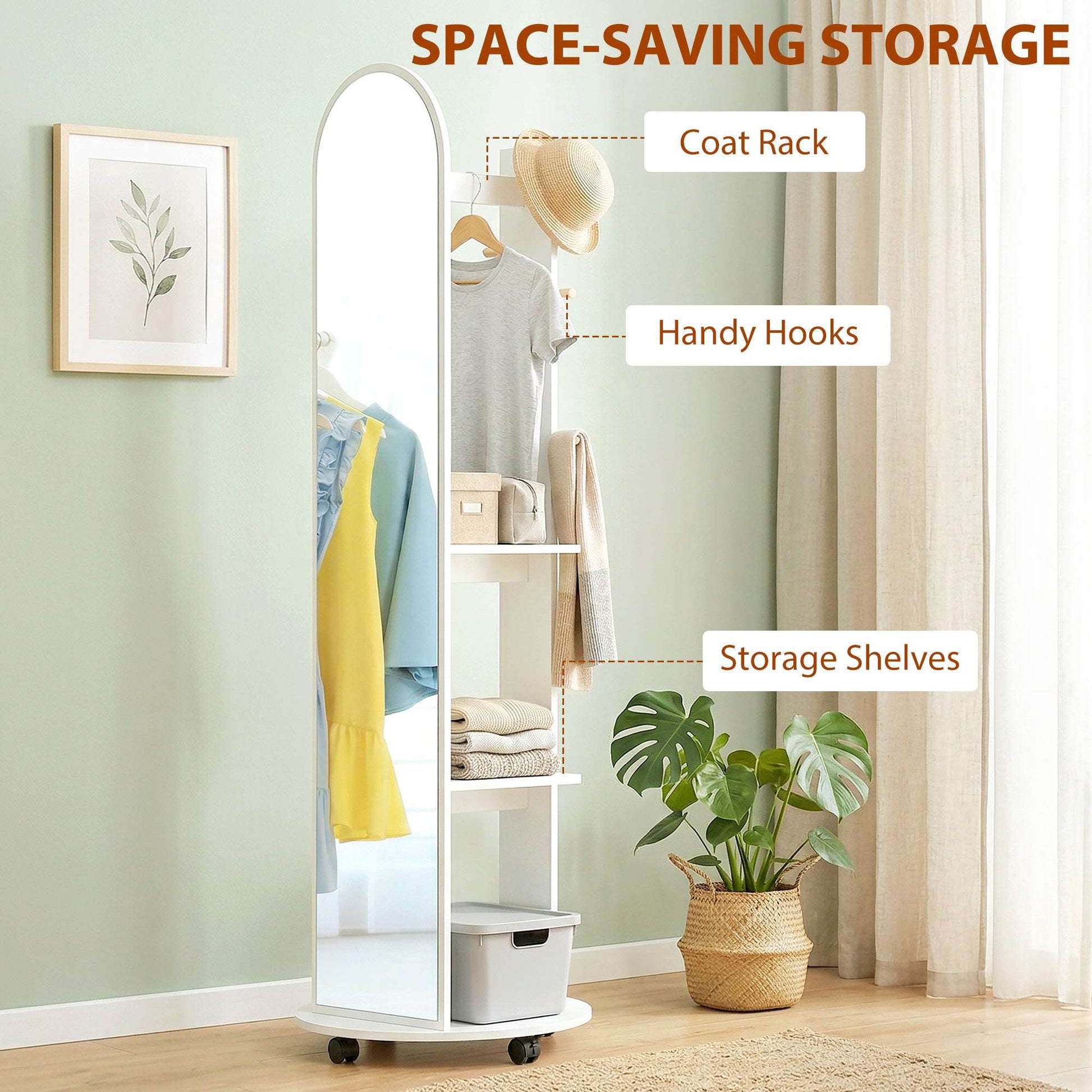 2-in-1 Full-Length Floor Mirror with Hidden Back Storage Shelves | Coat Rack & Hooks | 4 Lockable Wheels | Shatter-Resistant Tempered Glass | 50x50x167cm | White
