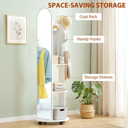 2-in-1 Full-Length Floor Mirror with Hidden Back Storage Shelves | Coat Rack & Hooks | 4 Lockable Wheels | Shatter-Resistant Tempered Glass | 50x50x167cm | White