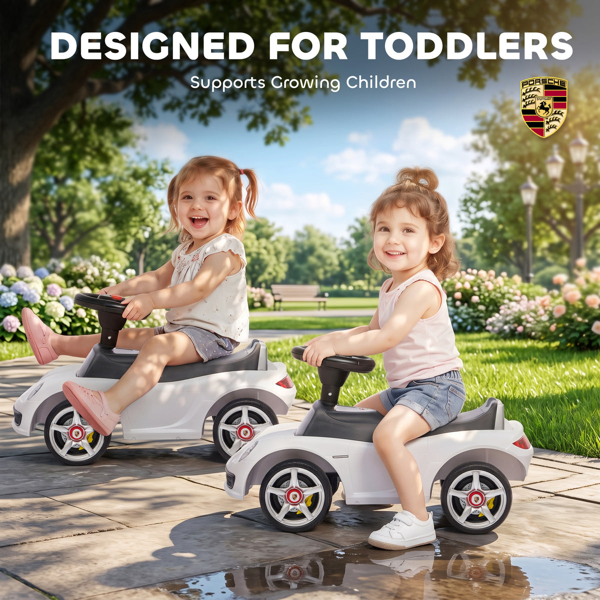 Porsche Licensed Kids Ride-On Push Car | Headlights | Horn & Start-Up Sound | Steering Wheel | PP Body | 30kg | Ages 18-36 Months | 75cm+ | 63x28.5x38cm | White / Pink / Black
