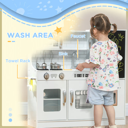 Pretend Play Kitchen, Kids Kitchen Playset, with Toy Phone, Chalkboard, Microwave, Cooking Stove, Sink, White