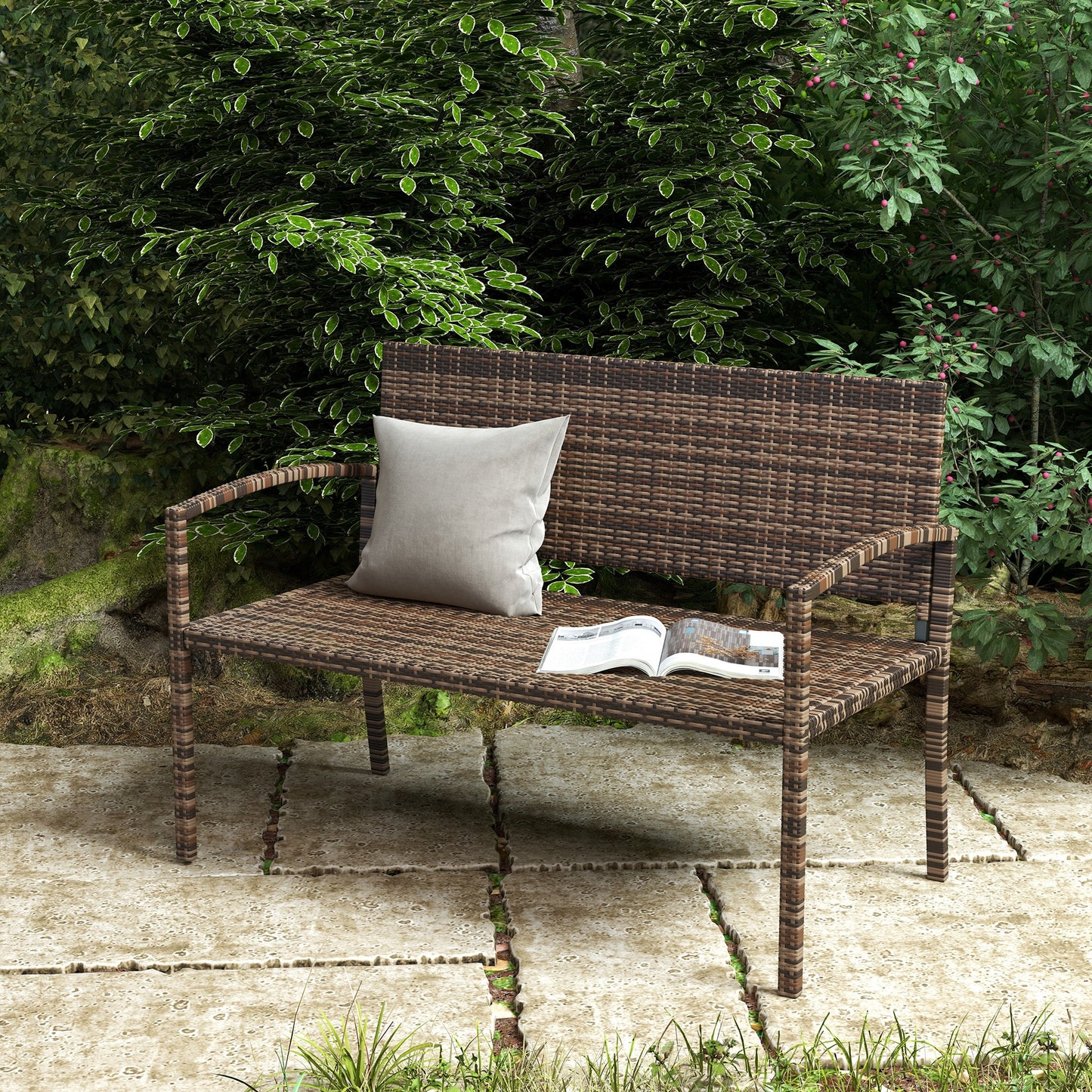 2 Seater Rattan Garden Bench Loveseat | High Back | Armrests | UV & Weather Resistant PE Wicker | Metal Frame | Foot Pads | 240kg | 122x60x85cm | Brown