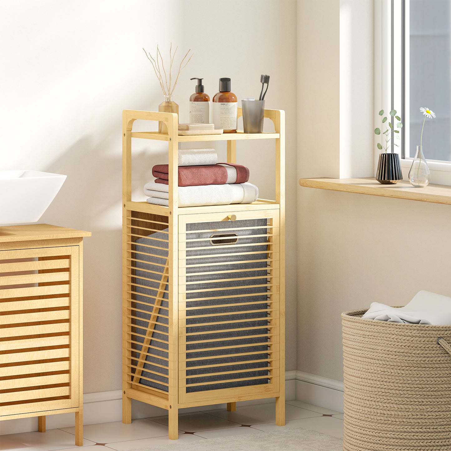 Bamboo Laundry Cabinet with Slatted Door, Bathroom Cabinet with Tilt-Out Hamper and Removable Liner Bag, 40 x 30D x 95 cm, Natural Wood Finish