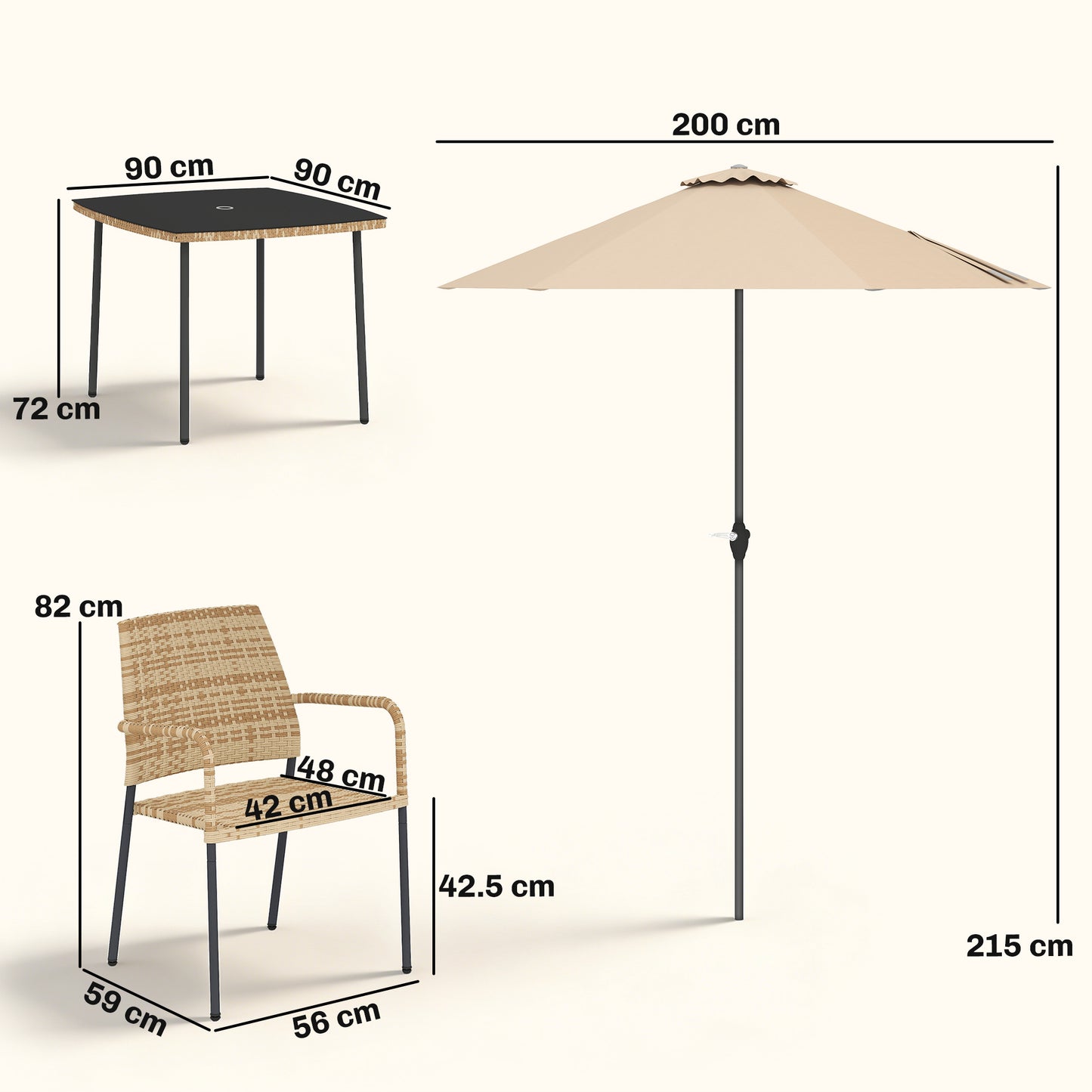 6-Piece 4-Seater Rattan Garden Dining Set | Parasol | Tempered Glass Table | Stackable Chairs | 120kg | Brown