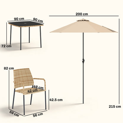 6-Piece 4-Seater Rattan Garden Dining Set | Parasol | Tempered Glass Table | Stackable Chairs | 120kg | Brown