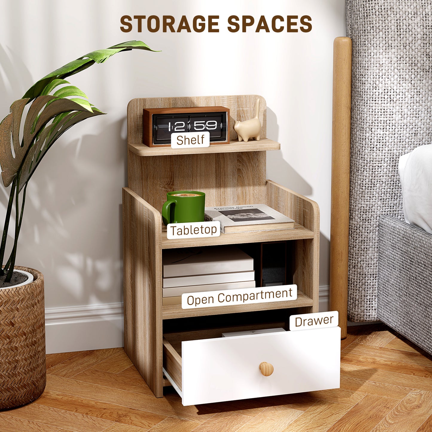 Multi-Storage Bedside Table - White/Wood-Effect