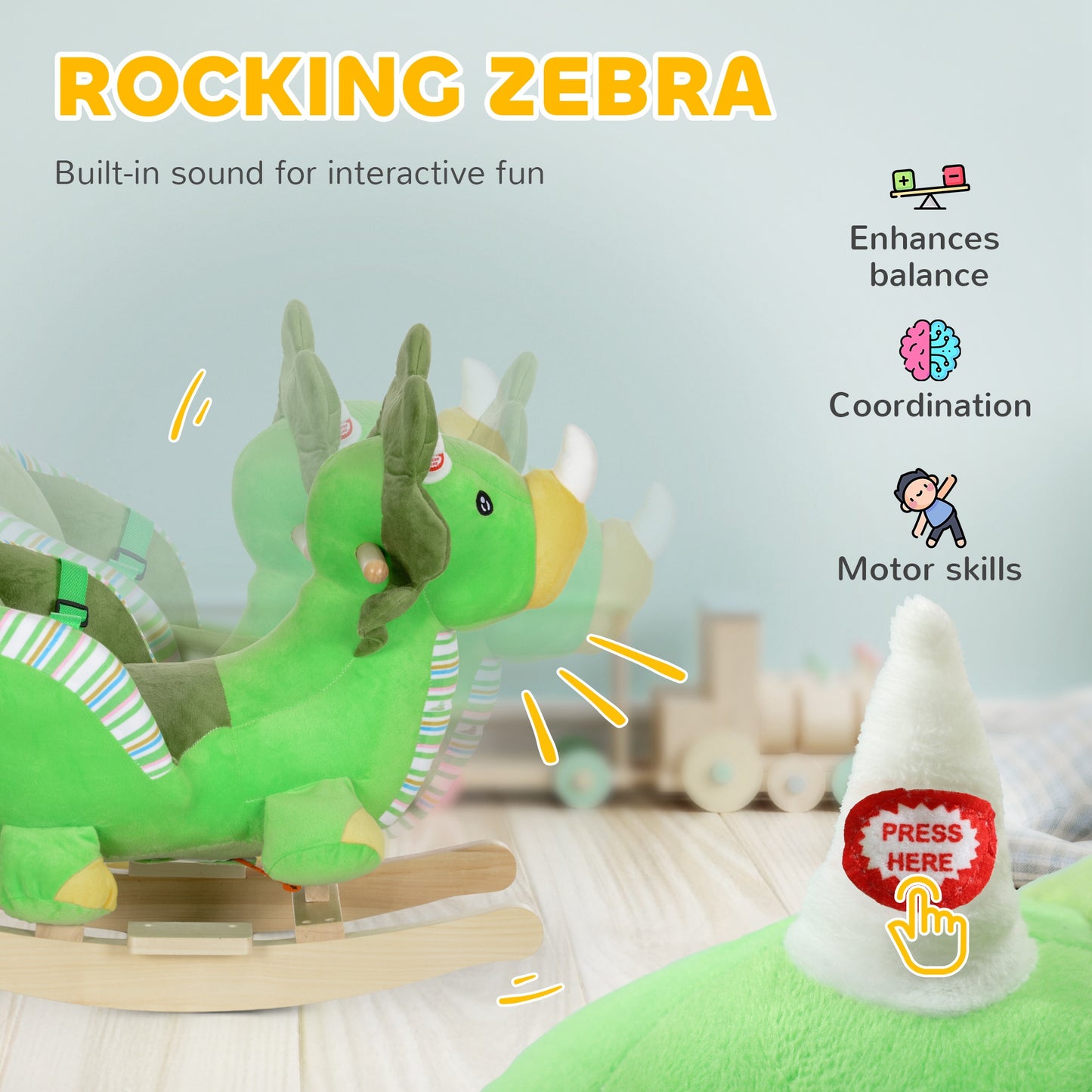 AIYAPLAY Dinosaur Design Rocking Horse with Animal Sound, Safety Belt, Wooden Base, for Toddlers 18-36 Months