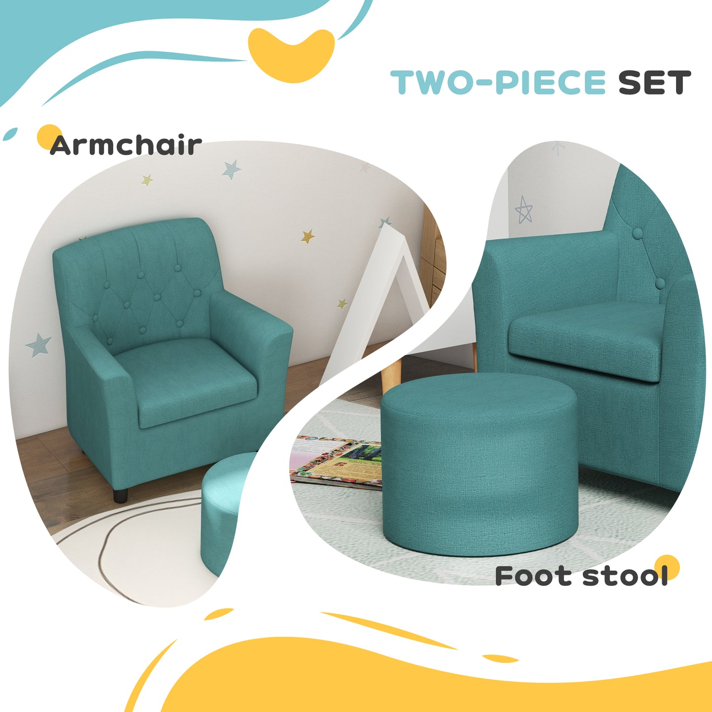 AIYAPLAY 2 Piece Kids Sofa Set with Footrest, for Playroom, Bedroom, Blue