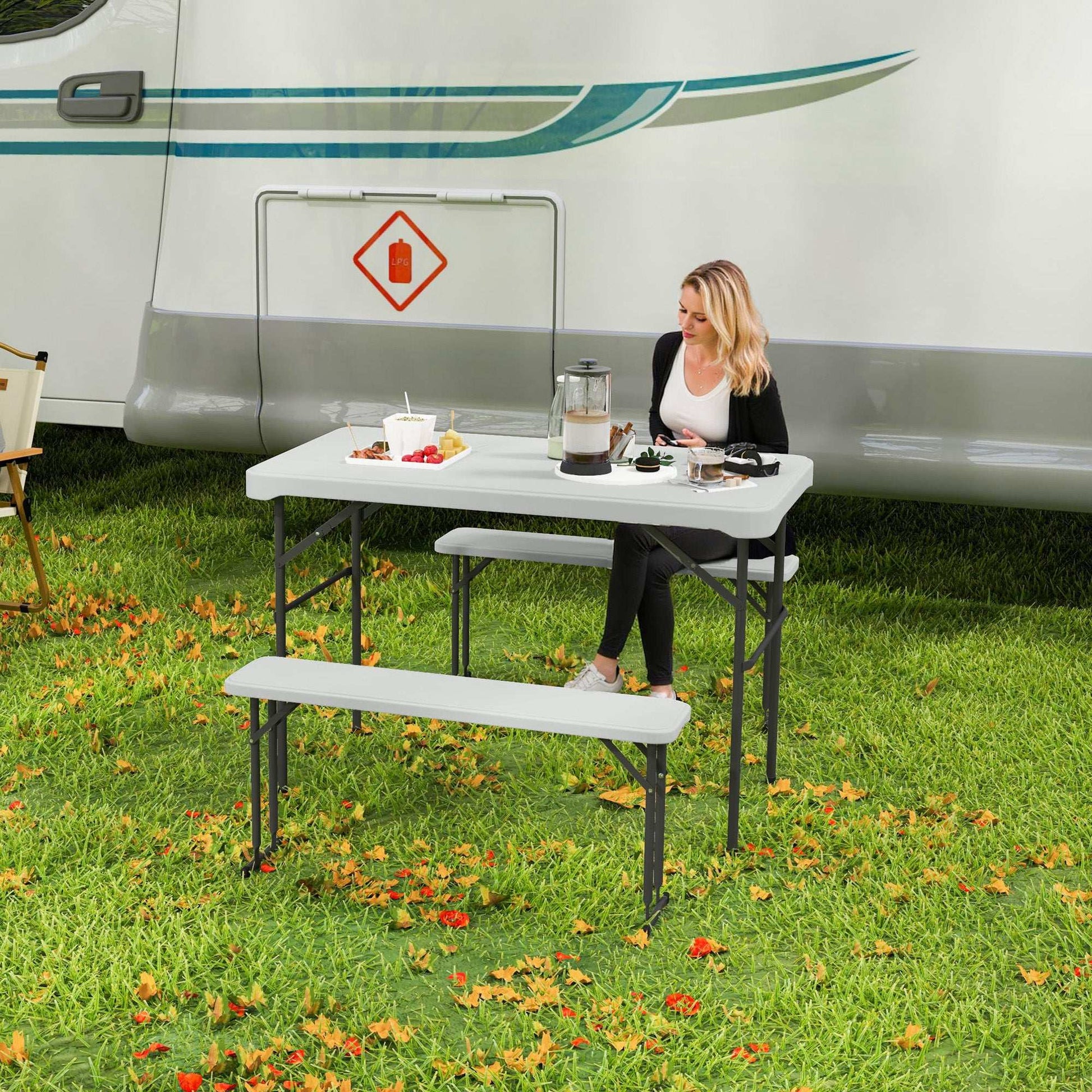 3 Piece 4ft Folding Picnic Table and Bench Set, Portable HDPE Camping Table and Chairs with Carrying Handle, Dining, Camping, Picnic, BBQ, Party, Light Grey