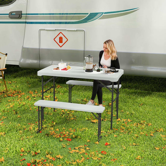 3 Piece 4ft Folding Picnic Table and Bench Set, Portable HDPE Camping Table and Chairs with Carrying Handle, Dining, Camping, Picnic, BBQ, Party, Light Grey