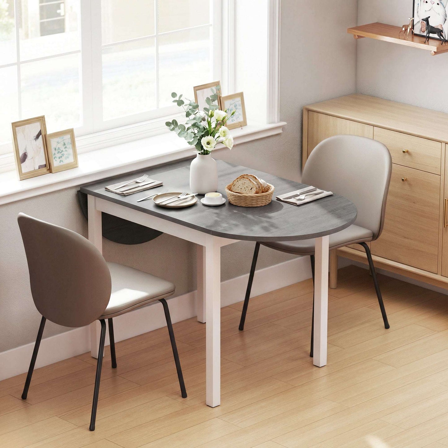 4-6 Person Drop-Leaf Extending Dining Table | Pine Wood | 3 Configurations | Folds to 80cm or Extends to 140cm | 50kg Capacity | Foot Pads | Grey & White