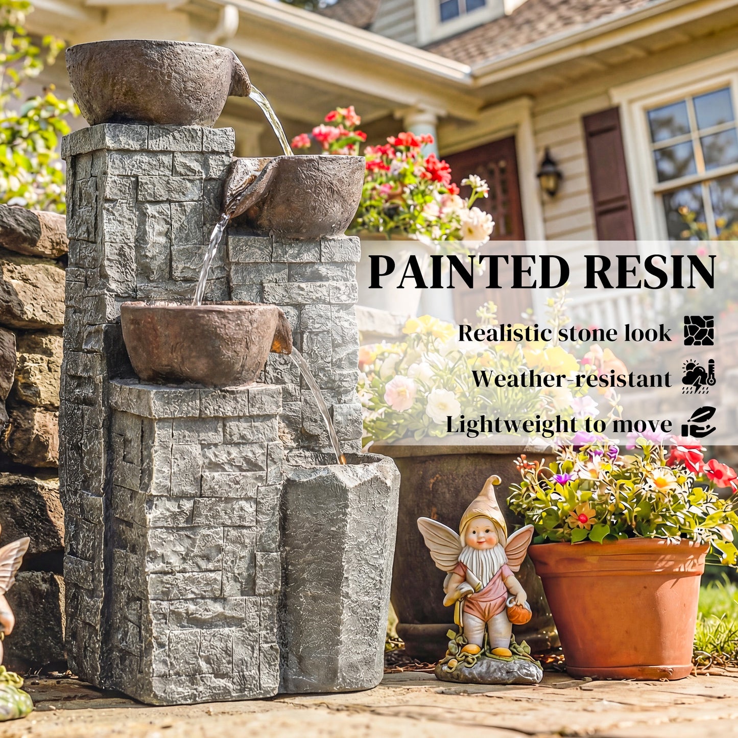 Compact 4-Tier Pot & Pillar Resin Waterfall Fountain | Hand-Painted | Warm White LED Lights | 3-Speed Adjustable Pump | 5W | 230V | 3m Cable | 26x25x50cm | Garden Patio & Balcony | Grey & Rustic Brown