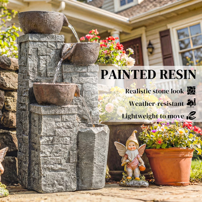 Compact 4-Tier Pot & Pillar Resin Waterfall Fountain | Hand-Painted | Warm White LED Lights | 3-Speed Adjustable Pump | 5W | 230V | 3m Cable | 26x25x50cm | Garden Patio & Balcony | Grey & Rustic Brown