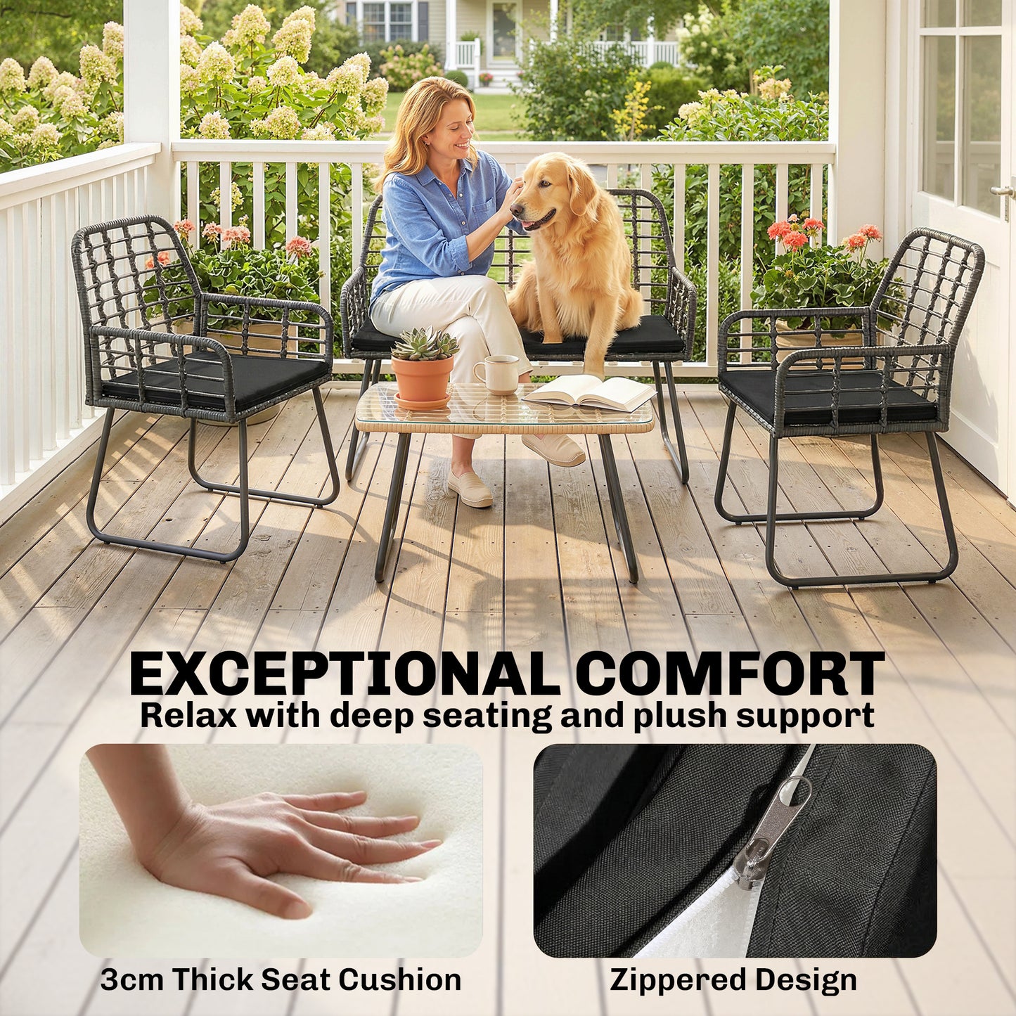 4 Piece Rattan Garden Furniture Set | Loveseat | 2 Armchairs | Coffee Table | Tempered Glass Top | PE Rattan & Metal Frame | High-Density Cushions | Washable Covers | Black