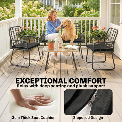 4 Piece Rattan Garden Furniture Set | Loveseat | 2 Armchairs | Coffee Table | Tempered Glass Top | PE Rattan & Metal Frame | High-Density Cushions | Washable Covers | Black
