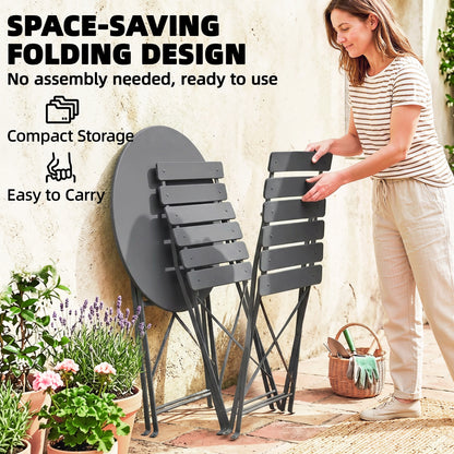 3 Piece Folding Garden Bistro Set | Round Table Ø58cm | 2 Slatted Chairs | Dual Rust Resistant | Folds Flat | No Assembly | 120kg | Grey